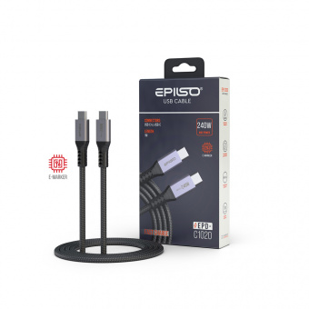 Кабель EPILSO EPD-C1020, USB-С вилка - USB-C вилка,  1 м, 240Вт, чёрный (E-Marker, 40 Гбит/с) (1/100)