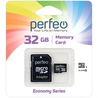 Карта памяти microSD PERFEO (HC) 32GB class10 (с адаптером SD) economy series (PF32GMCSH10AES) (1/10)