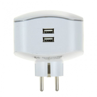 Сетевой переходник ЭРА 3e-USB-2A, с заземл.,3 гнезда + 2xUSB 2100mA, белый (1/6/36)