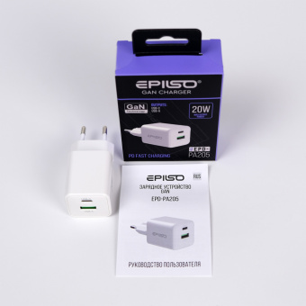 Зарядное устройство USB EPILSO EPD-PA205 20Вт GaN (USB-C, USB-A) белый (1/50)
